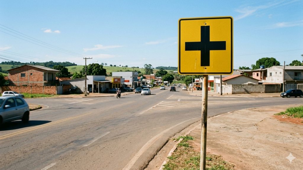 Placa de trânsito com cruz preta sobre fundo amarelo: o alerta silencioso que pode salvar vidas