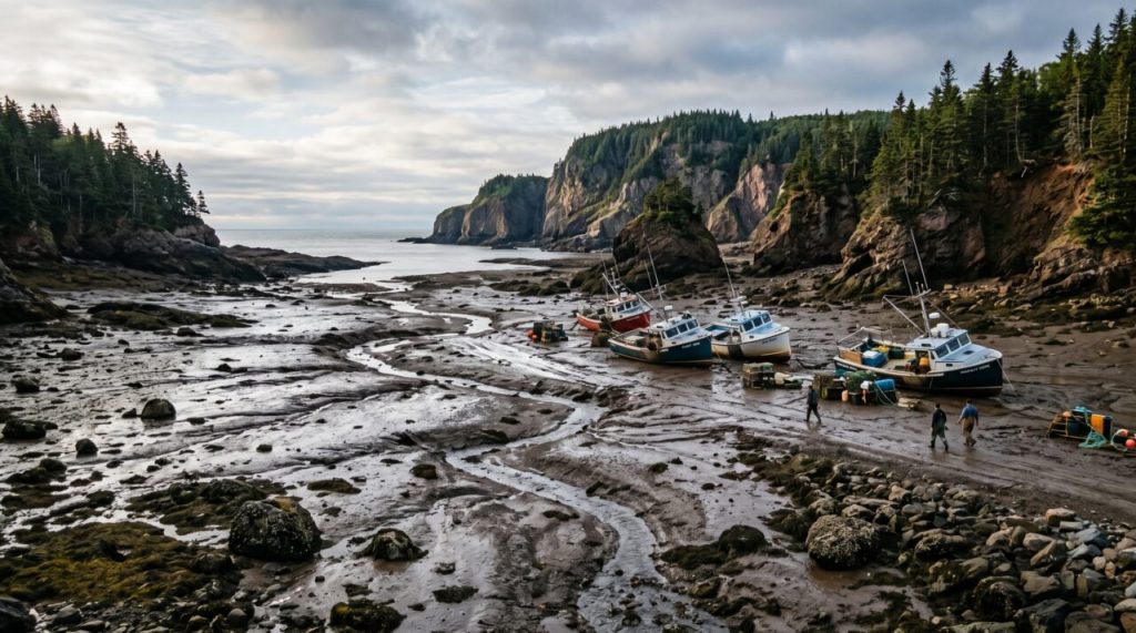 O espetáculo natural da baía de Fundy: marés de 15 metros que fazem praias sumirem e barcos encalharem duas vezes por dia
