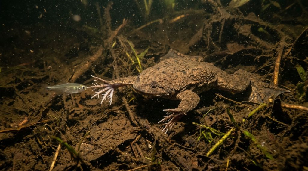 Sapo cego 'toca' água e caça sem encostar na presa
