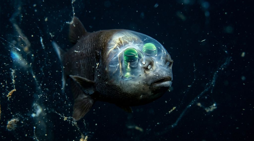 Peixe de cabeça transparente revela olhos que giram no escuro