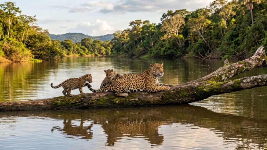 Flagrante raro no Pantanal revela três onças em árvore